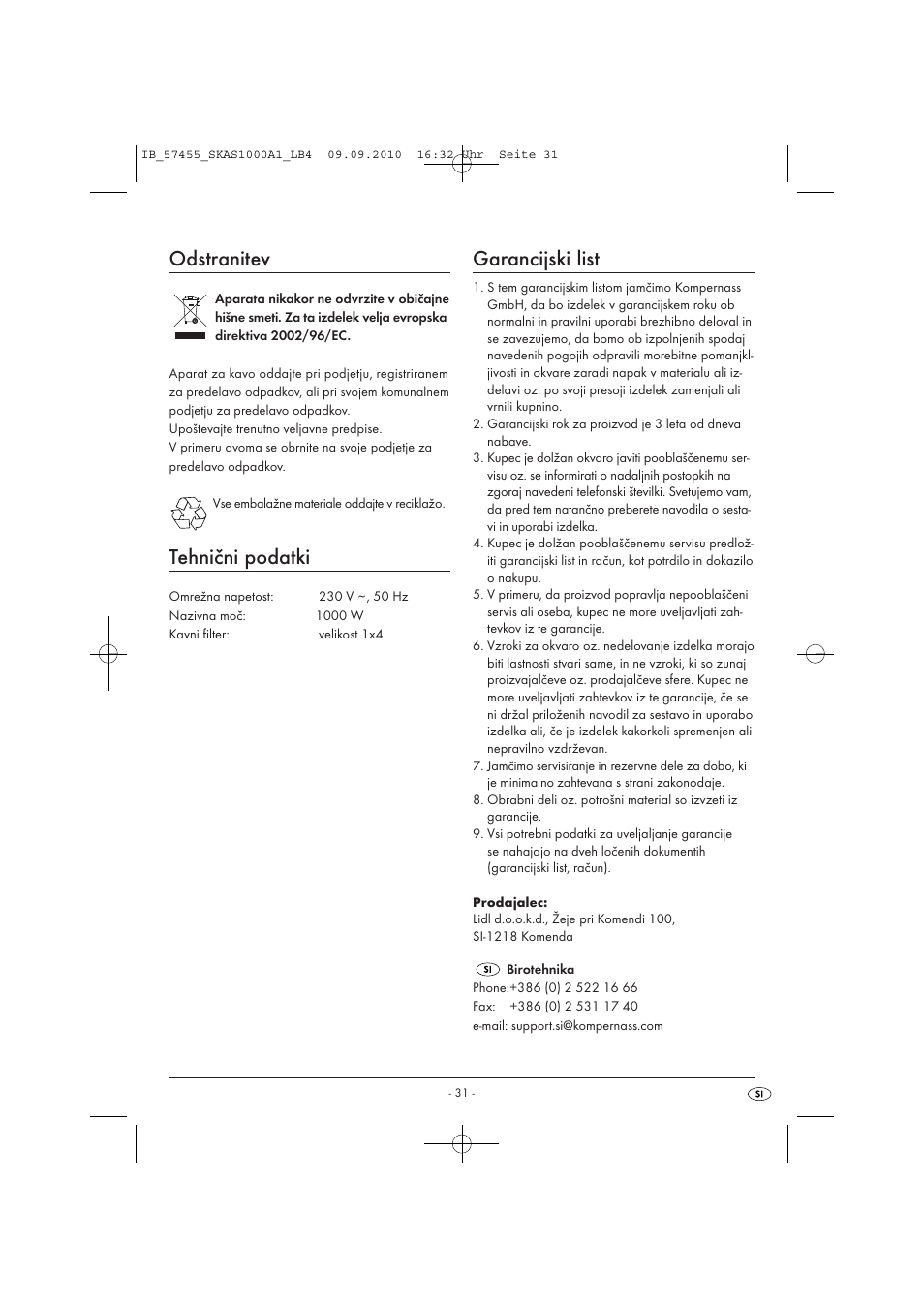 Odstranitev, Tehnični podatki, Garancijski list | Silvercrest SKAS 1000 A1 User Manual | Page 33 / 58