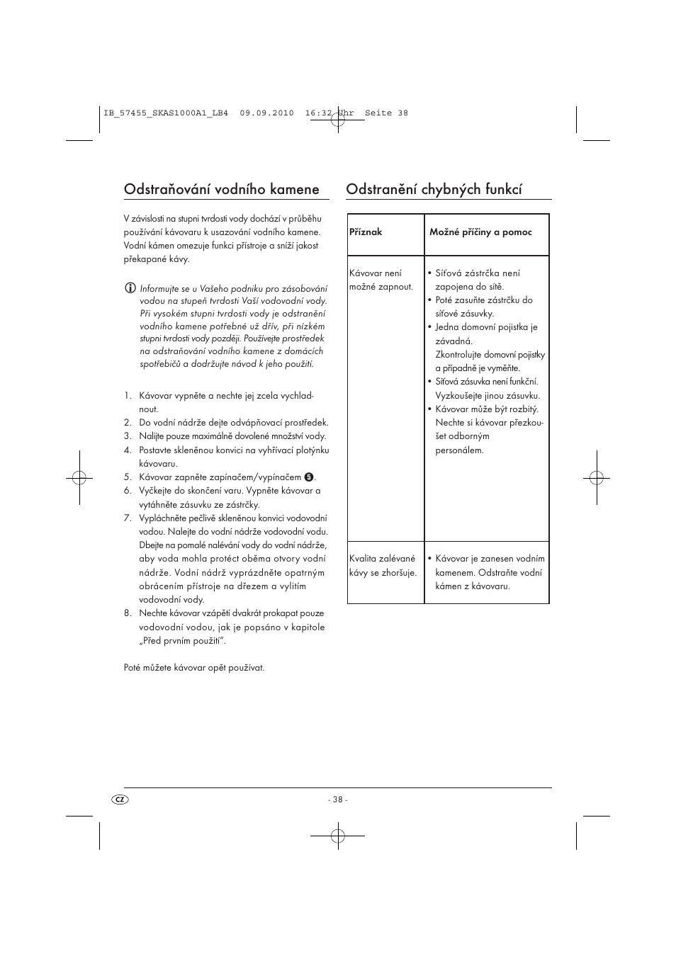 Odstraňování vodního kamene, Odstranění chybných funkcí | Silvercrest SKAS 1000 A1 User Manual | Page 40 / 58