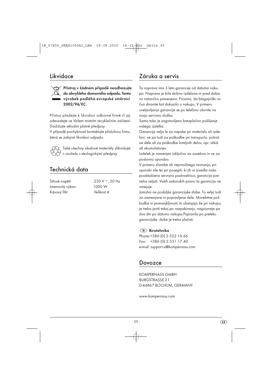 Likvidace, Technická data, Záruka a servis | Dovozce | Silvercrest SKAS 1000 A1 User Manual | Page 41 / 58