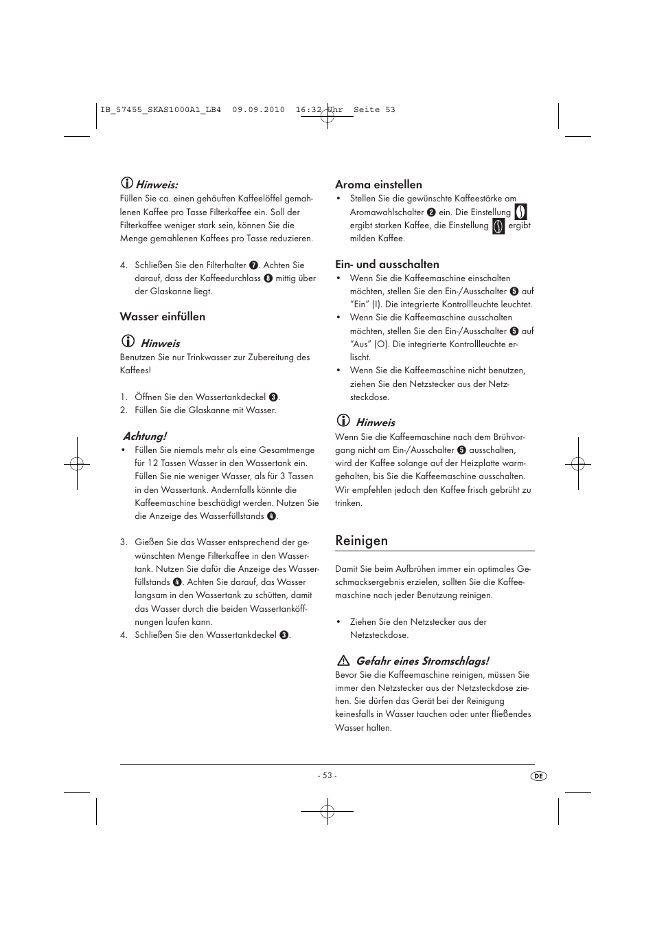 Reinigen, Hinweis, Wasser einfüllen hinweis | Achtung, Aroma einstellen, Ein- und ausschalten, Gefahr eines stromschlags | Silvercrest SKAS 1000 A1 User Manual | Page 55 / 58