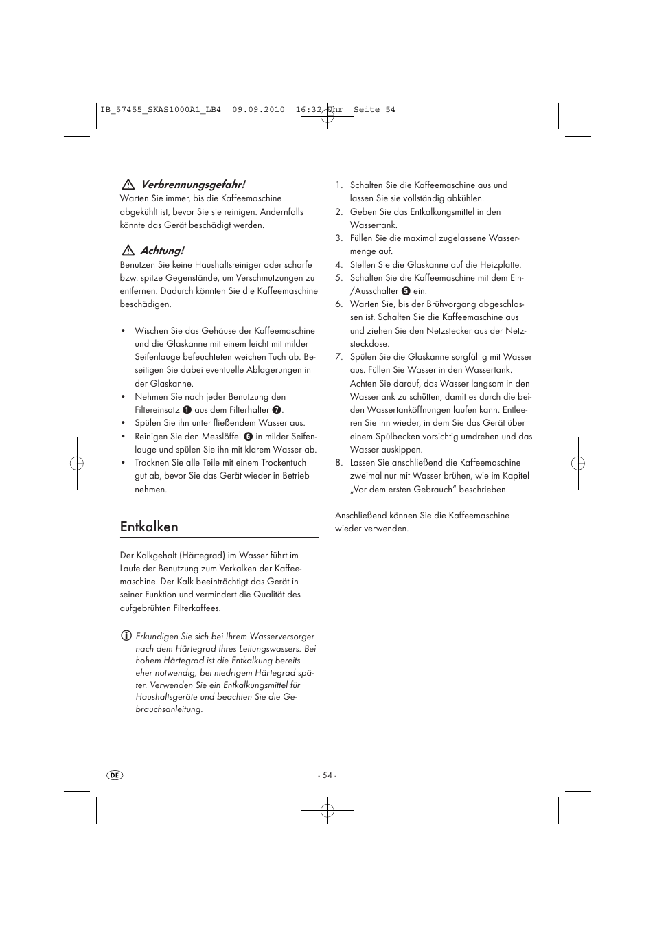 Entkalken, Verbrennungsgefahr, Achtung | Silvercrest SKAS 1000 A1 User Manual | Page 56 / 58