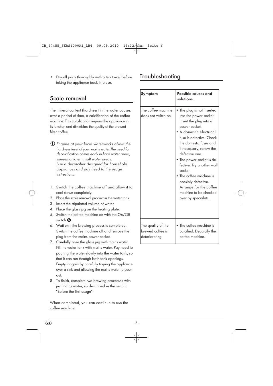 Scale removal, Troubleshooting | Silvercrest SKAS 1000 A1 User Manual | Page 8 / 58