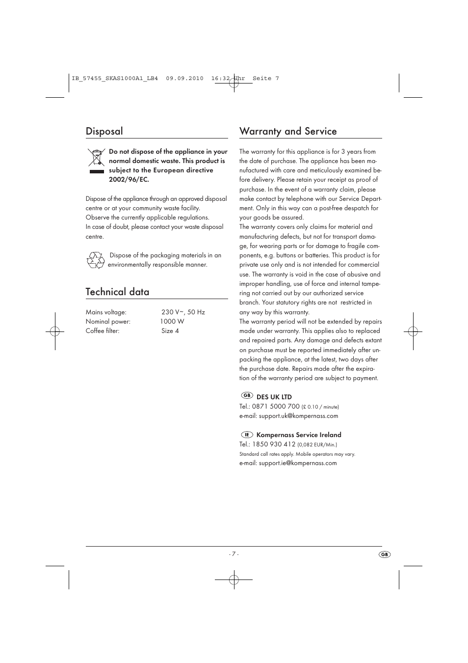 Disposal, Technical data, Warranty and service | Silvercrest SKAS 1000 A1 User Manual | Page 9 / 58