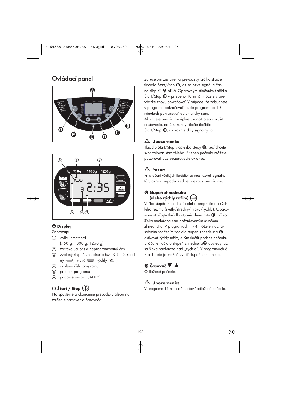 Ovládací panel | Silvercrest SBB 850 EDS A1 User Manual | Page 107 / 146