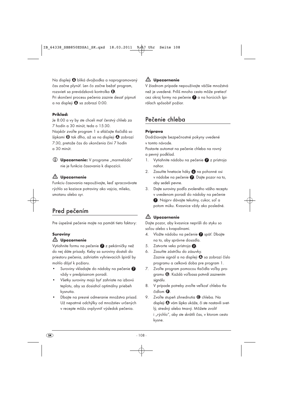 Pred pečením, Pečenie chleba | Silvercrest SBB 850 EDS A1 User Manual | Page 110 / 146