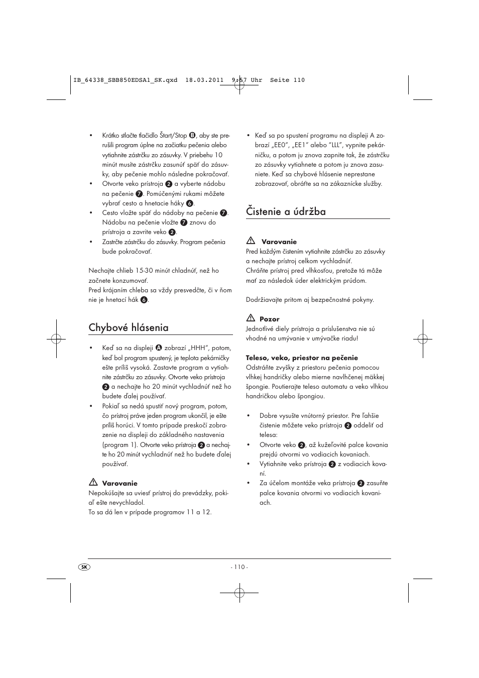Chybové hlásenia, Čistenie a údržba | Silvercrest SBB 850 EDS A1 User Manual | Page 112 / 146
