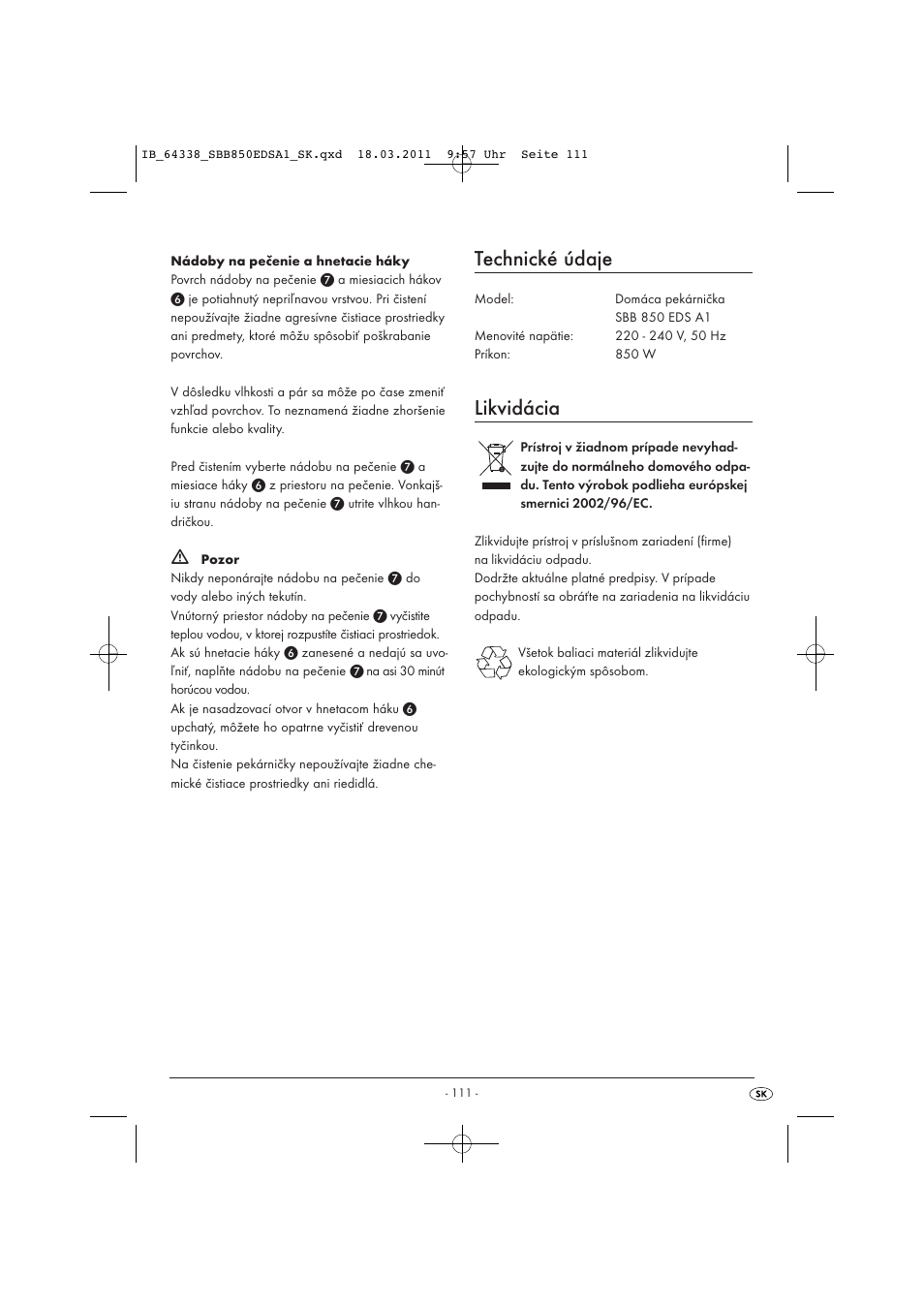 Technické údaje, Likvidácia | Silvercrest SBB 850 EDS A1 User Manual | Page 113 / 146