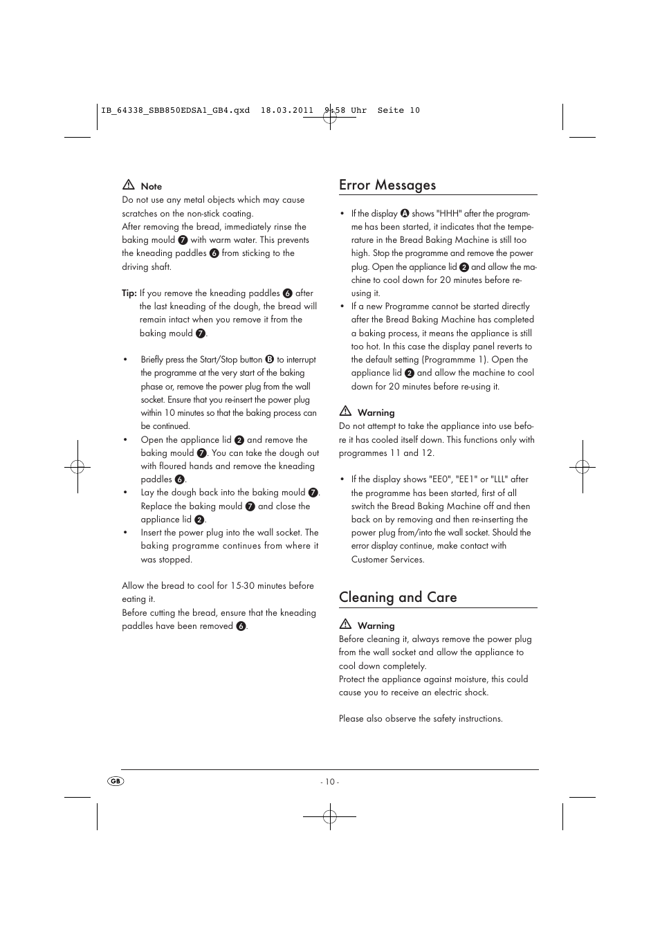 Error messages, Cleaning and care | Silvercrest SBB 850 EDS A1 User Manual | Page 12 / 146