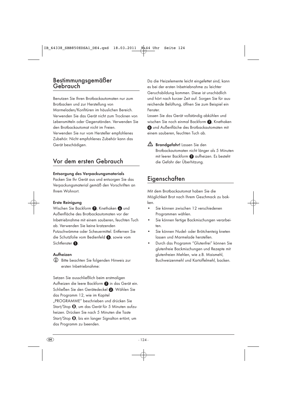 Bestimmungsgemäßer gebrauch, Vor dem ersten gebrauch, Eigenschaften | Silvercrest SBB 850 EDS A1 User Manual | Page 126 / 146