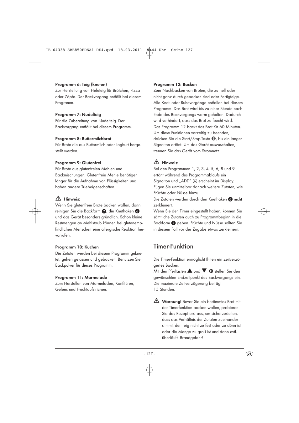 Timer-funktion | Silvercrest SBB 850 EDS A1 User Manual | Page 129 / 146