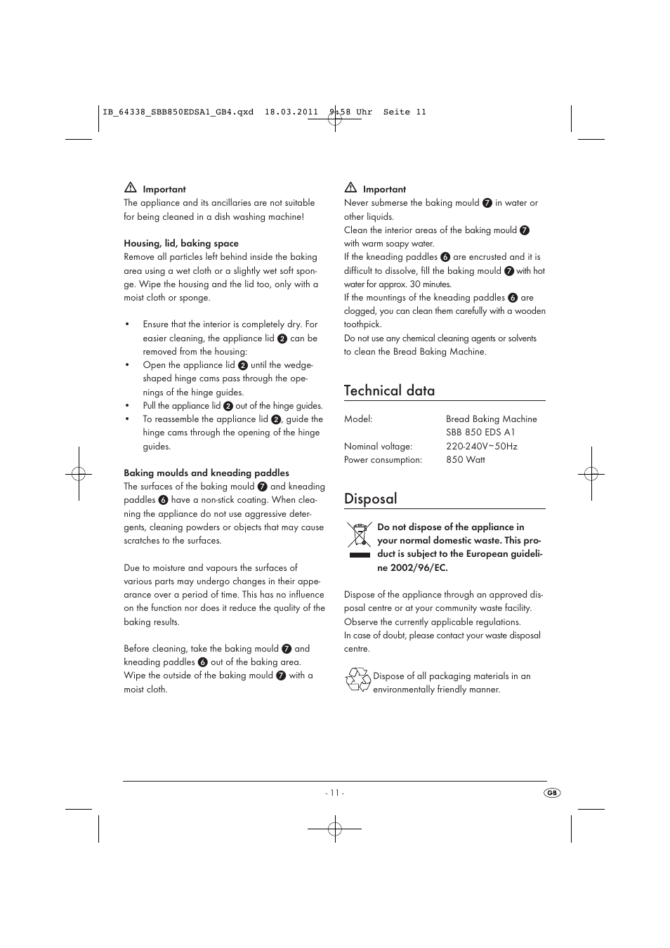 Technical data, Disposal | Silvercrest SBB 850 EDS A1 User Manual | Page 13 / 146