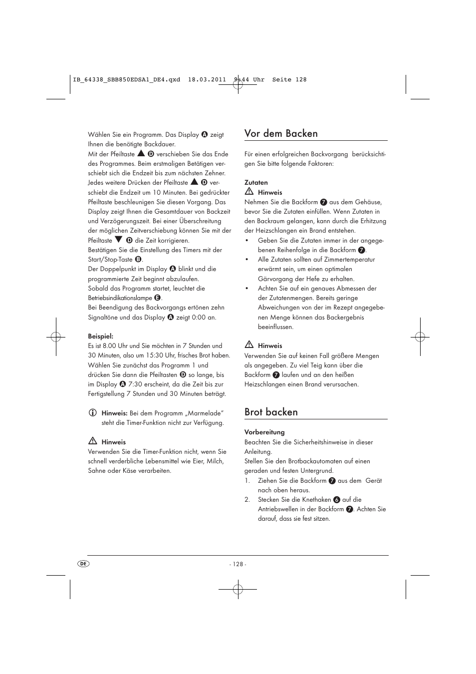 Vor dem backen, Brot backen | Silvercrest SBB 850 EDS A1 User Manual | Page 130 / 146
