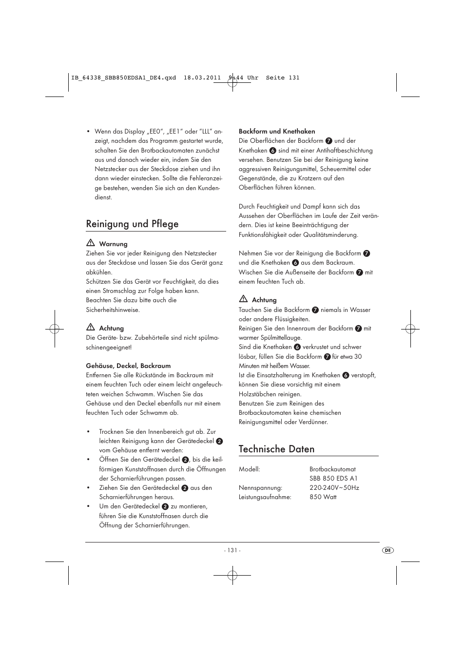 Reinigung und pflege, Technische daten | Silvercrest SBB 850 EDS A1 User Manual | Page 133 / 146