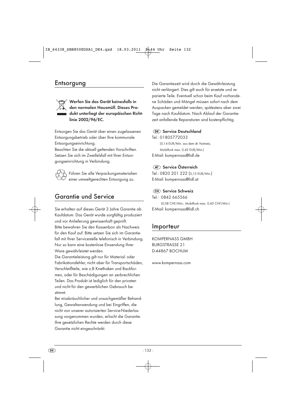 Entsorgung, Garantie und service, Importeur | Silvercrest SBB 850 EDS A1 User Manual | Page 134 / 146