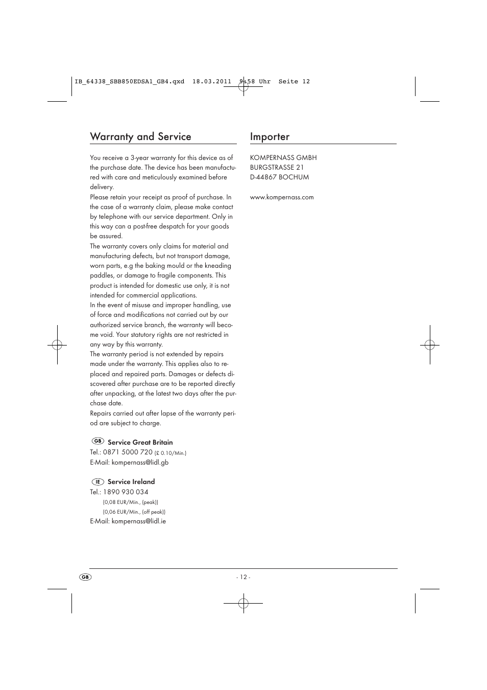 Warranty and service, Importer | Silvercrest SBB 850 EDS A1 User Manual | Page 14 / 146