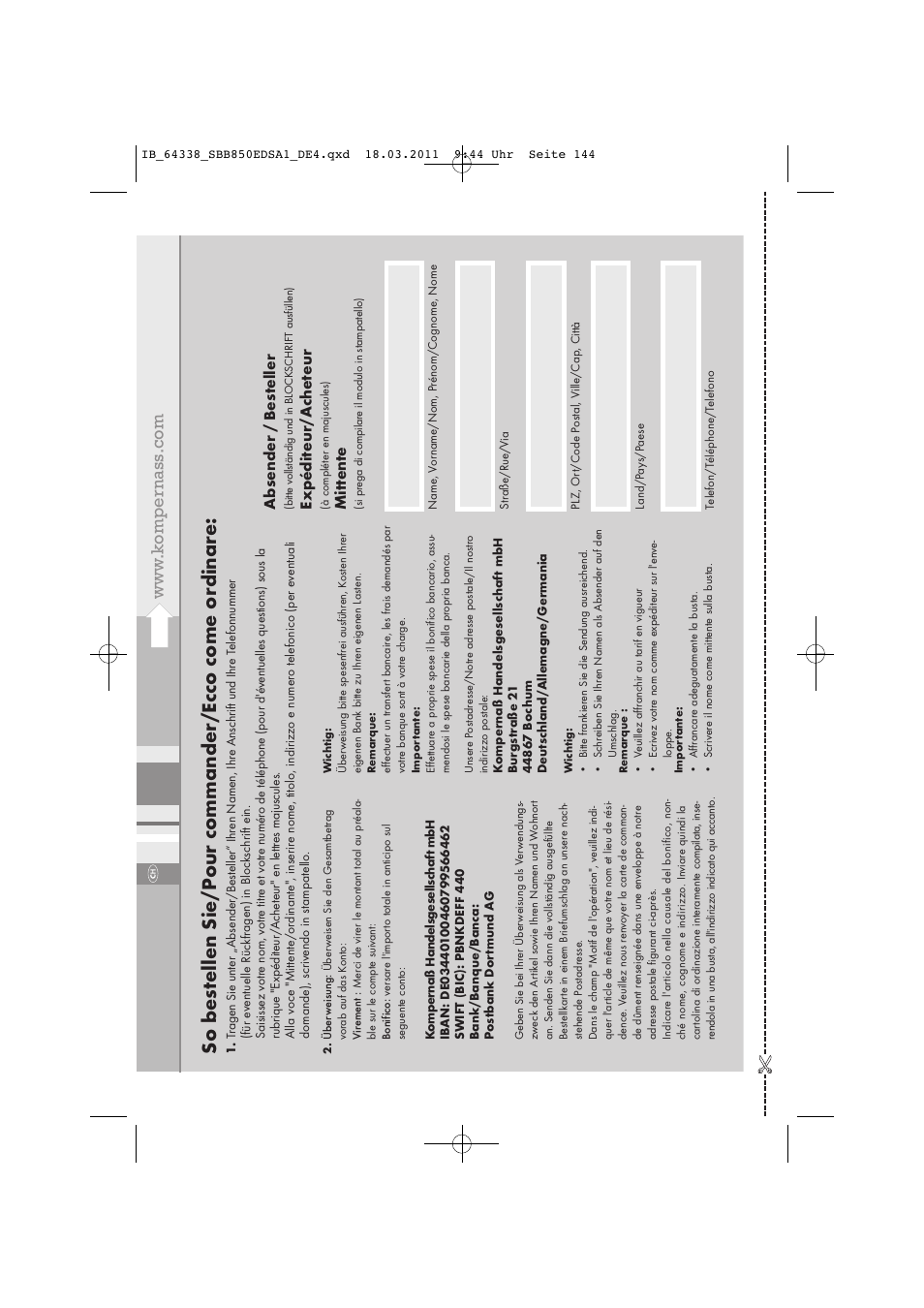 Absender / bes teller, Expédit eur/a ch et eur, Mitt ent e | Silvercrest SBB 850 EDS A1 User Manual | Page 146 / 146