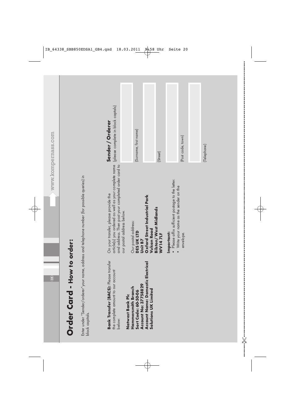 Order card | Silvercrest SBB 850 EDS A1 User Manual | Page 22 / 146