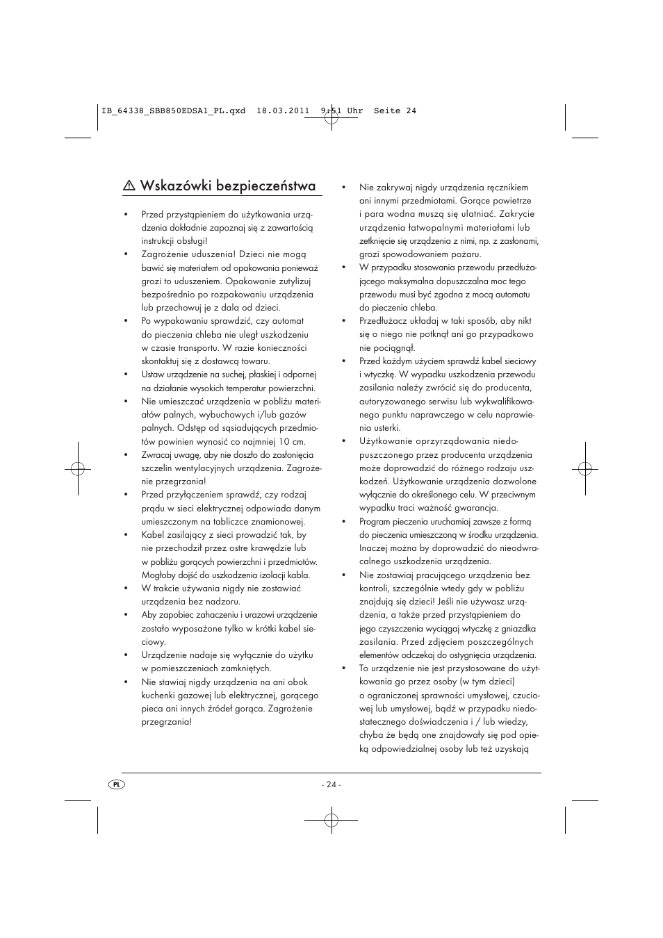 Wskazówki bezpieczeństwa | Silvercrest SBB 850 EDS A1 User Manual | Page 26 / 146