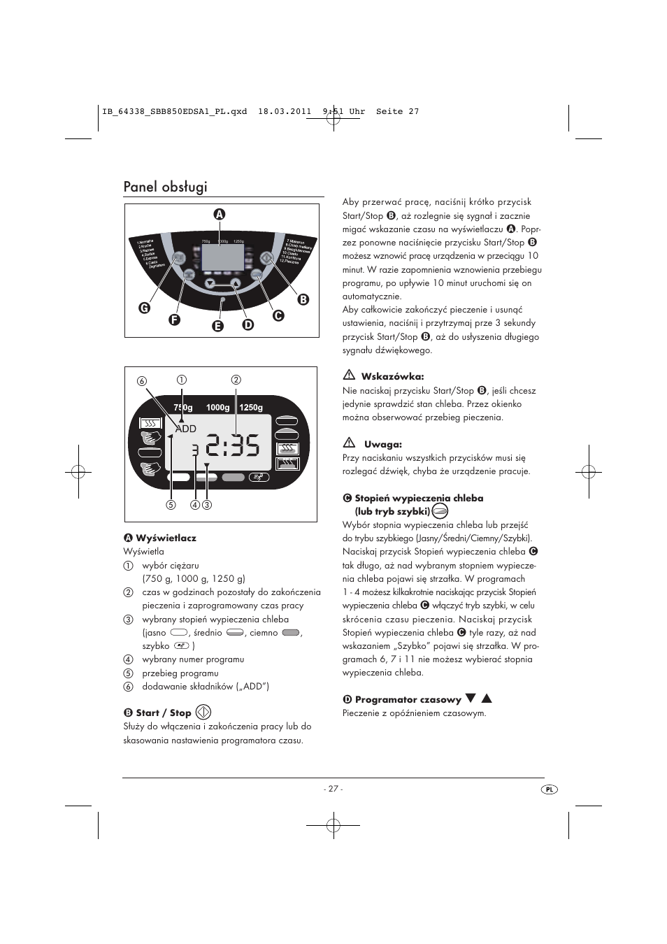 Panel obsługi | Silvercrest SBB 850 EDS A1 User Manual | Page 29 / 146