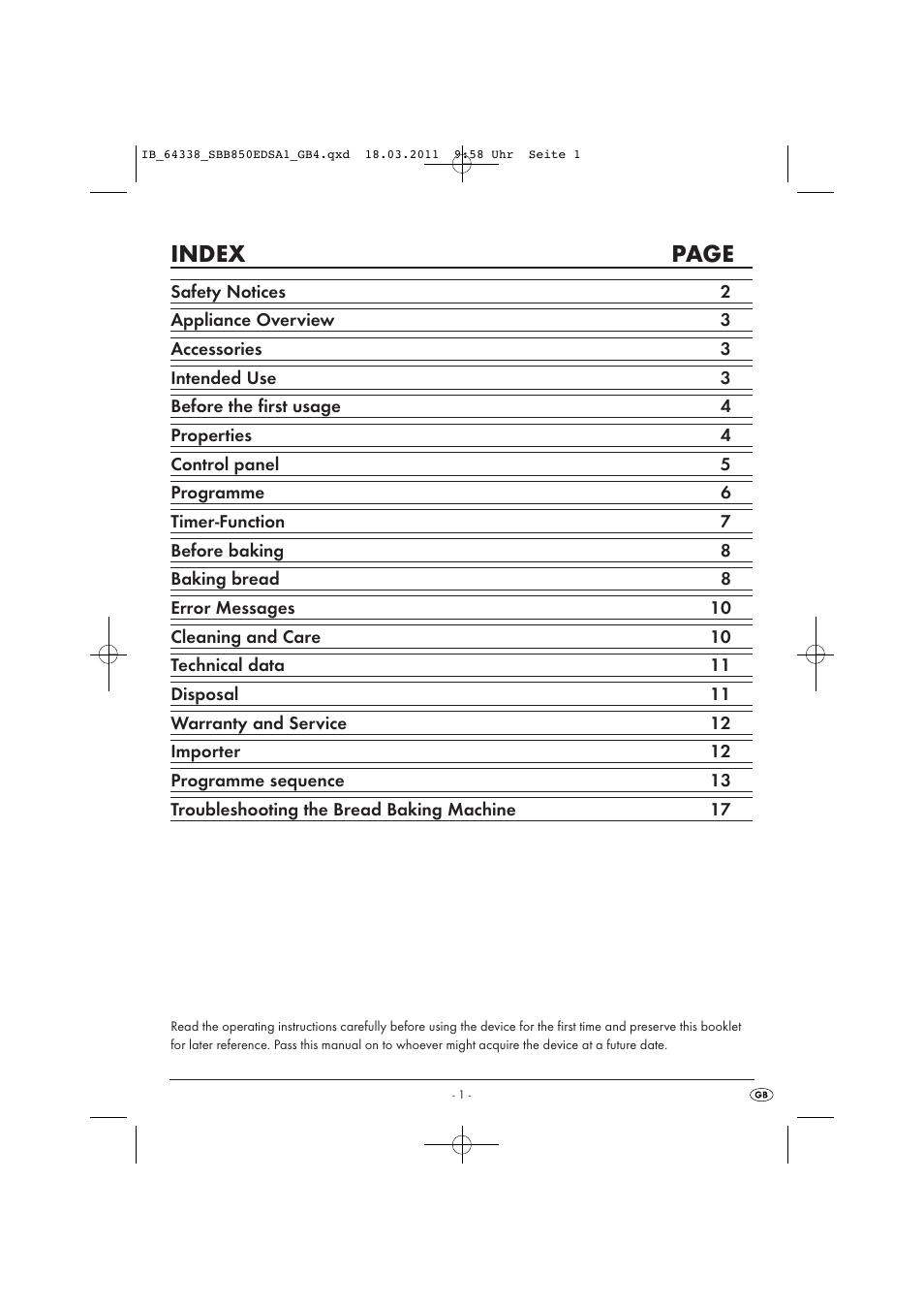 Index page | Silvercrest SBB 850 EDS A1 User Manual | Page 3 / 146