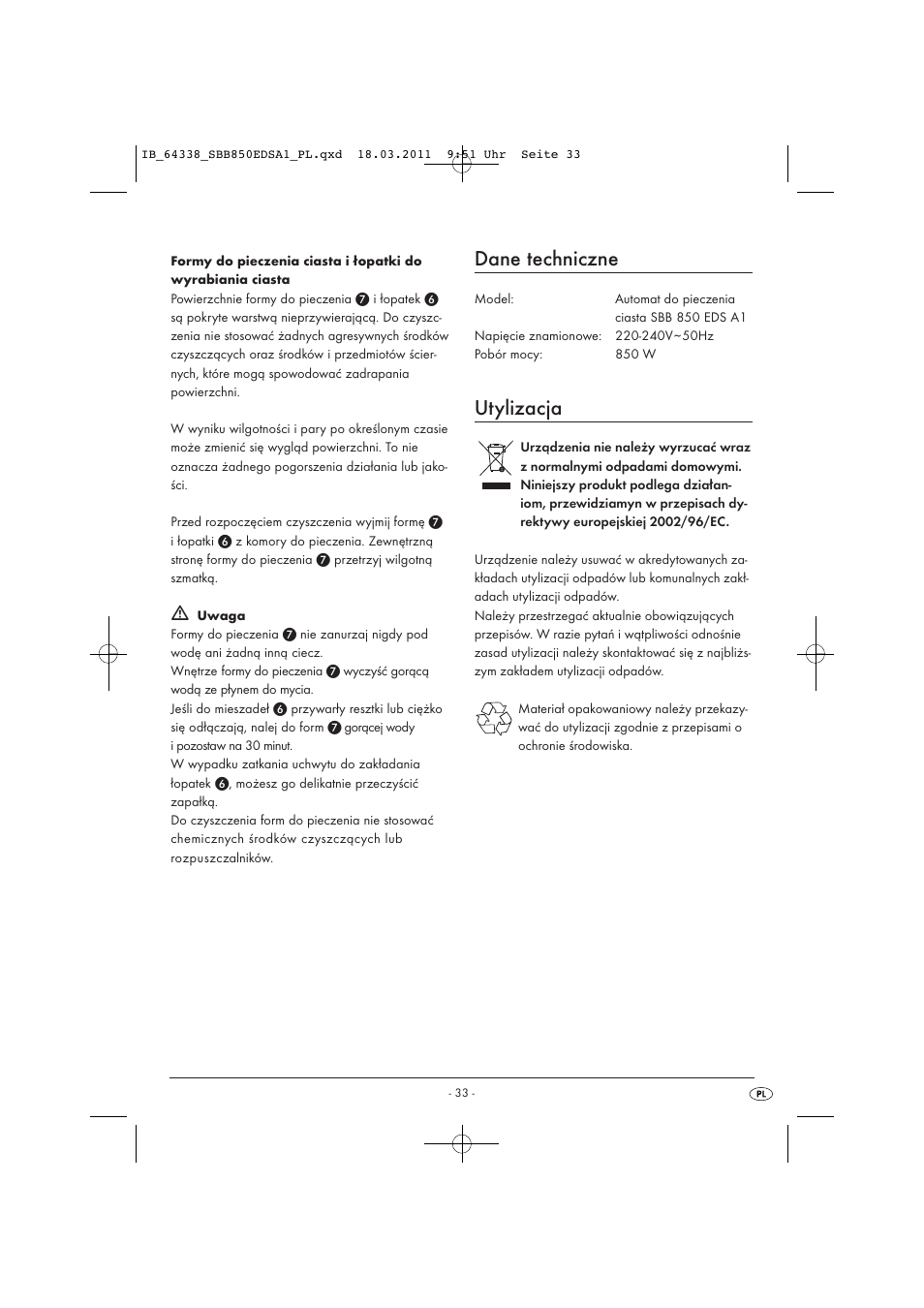 Dane techniczne, Utylizacja | Silvercrest SBB 850 EDS A1 User Manual | Page 35 / 146