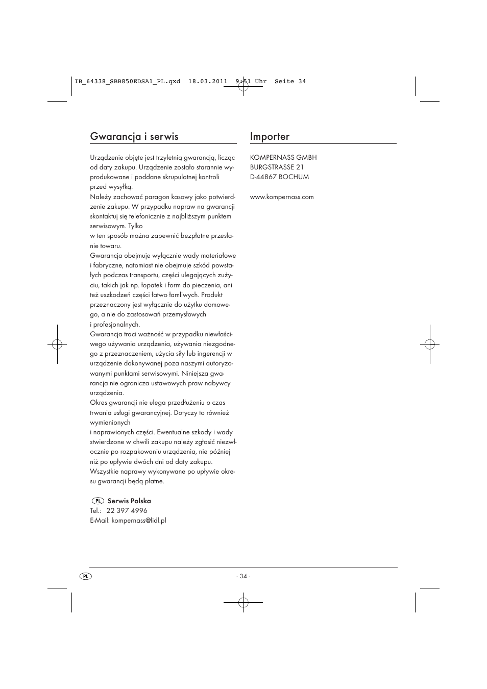 Gwarancja i serwis, Importer | Silvercrest SBB 850 EDS A1 User Manual | Page 36 / 146
