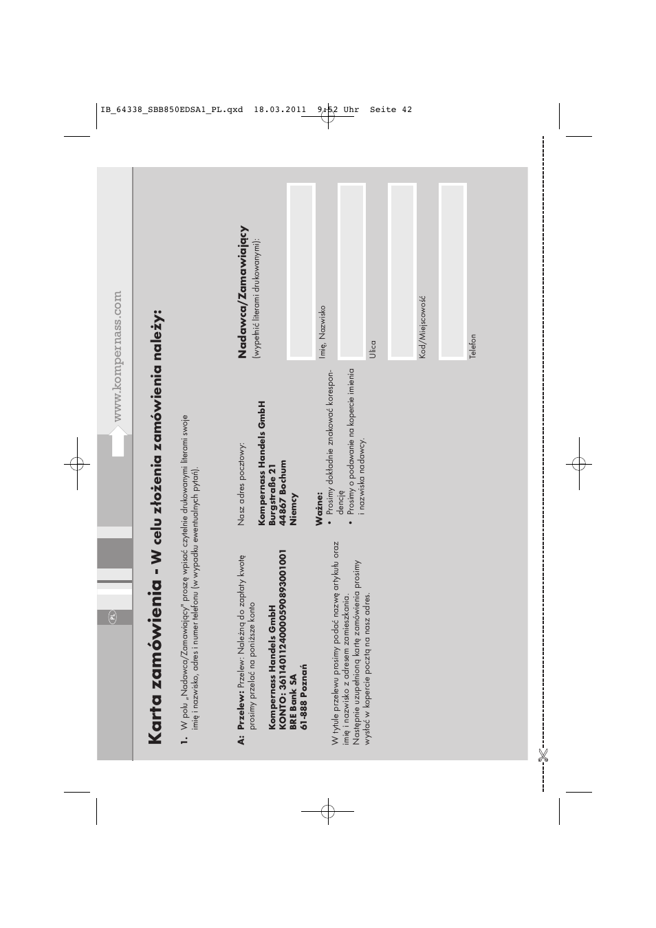 Kar ta zamó wienia, W celu złożenia zamó wienia należy | Silvercrest SBB 850 EDS A1 User Manual | Page 44 / 146