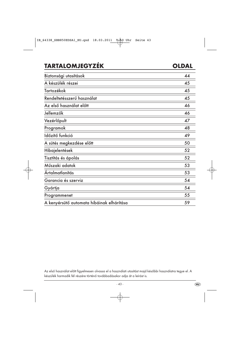 Tartalomjegyzék oldal | Silvercrest SBB 850 EDS A1 User Manual | Page 45 / 146