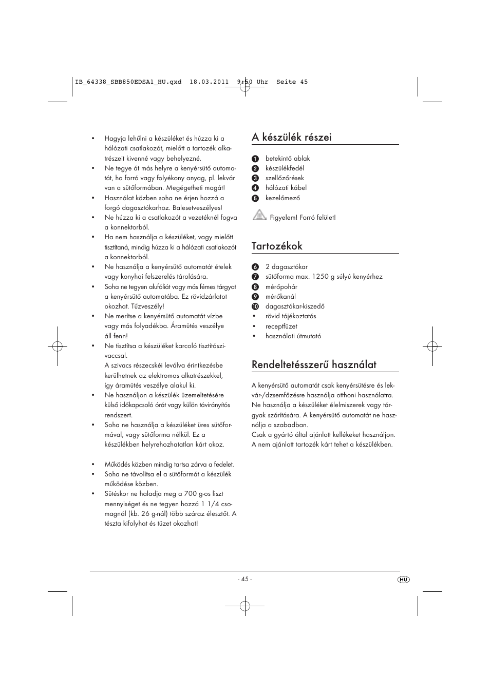 A készülék részei, Tartozékok, Rendeltetésszerű használat | Silvercrest SBB 850 EDS A1 User Manual | Page 47 / 146