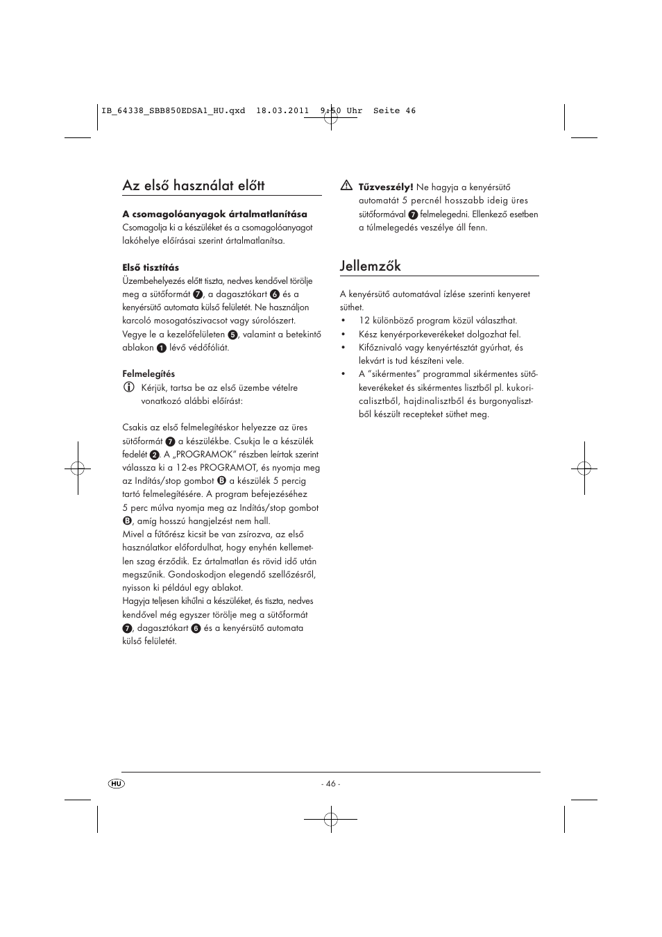Az első használat előtt, Jellemzők | Silvercrest SBB 850 EDS A1 User Manual | Page 48 / 146