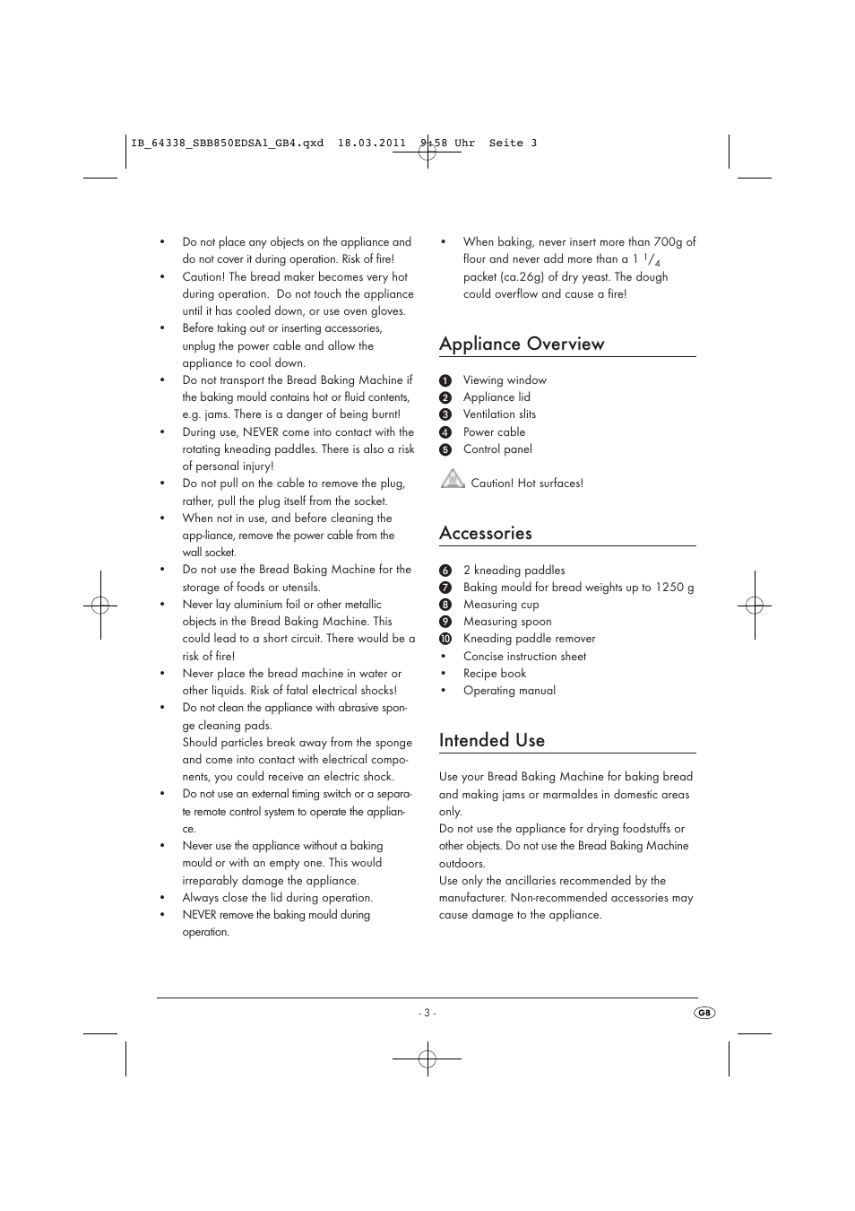 Appliance overview, Accessories, Intended use | Silvercrest SBB 850 EDS A1 User Manual | Page 5 / 146