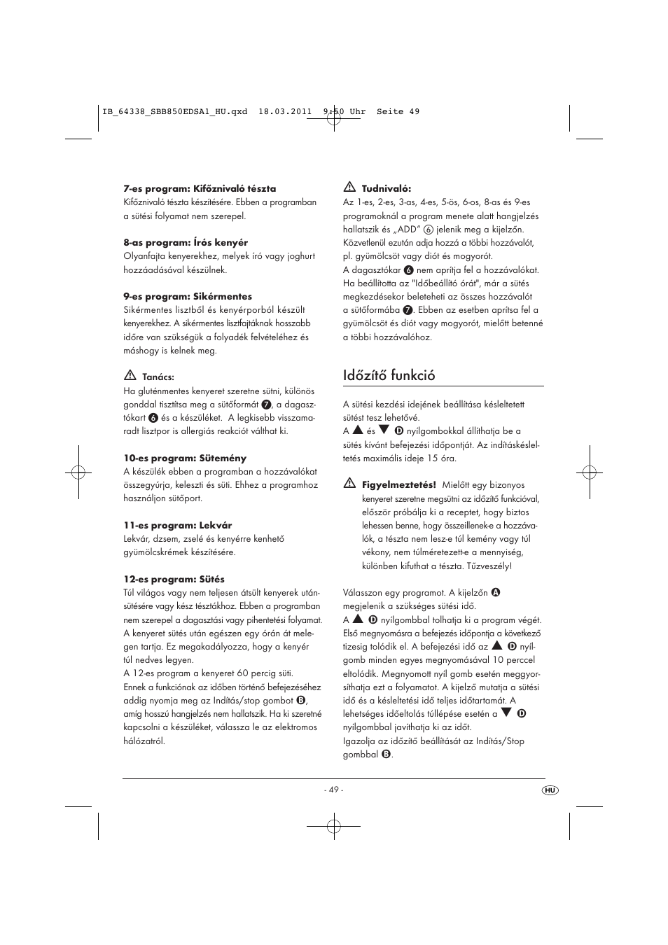 Időzítő funkció | Silvercrest SBB 850 EDS A1 User Manual | Page 51 / 146