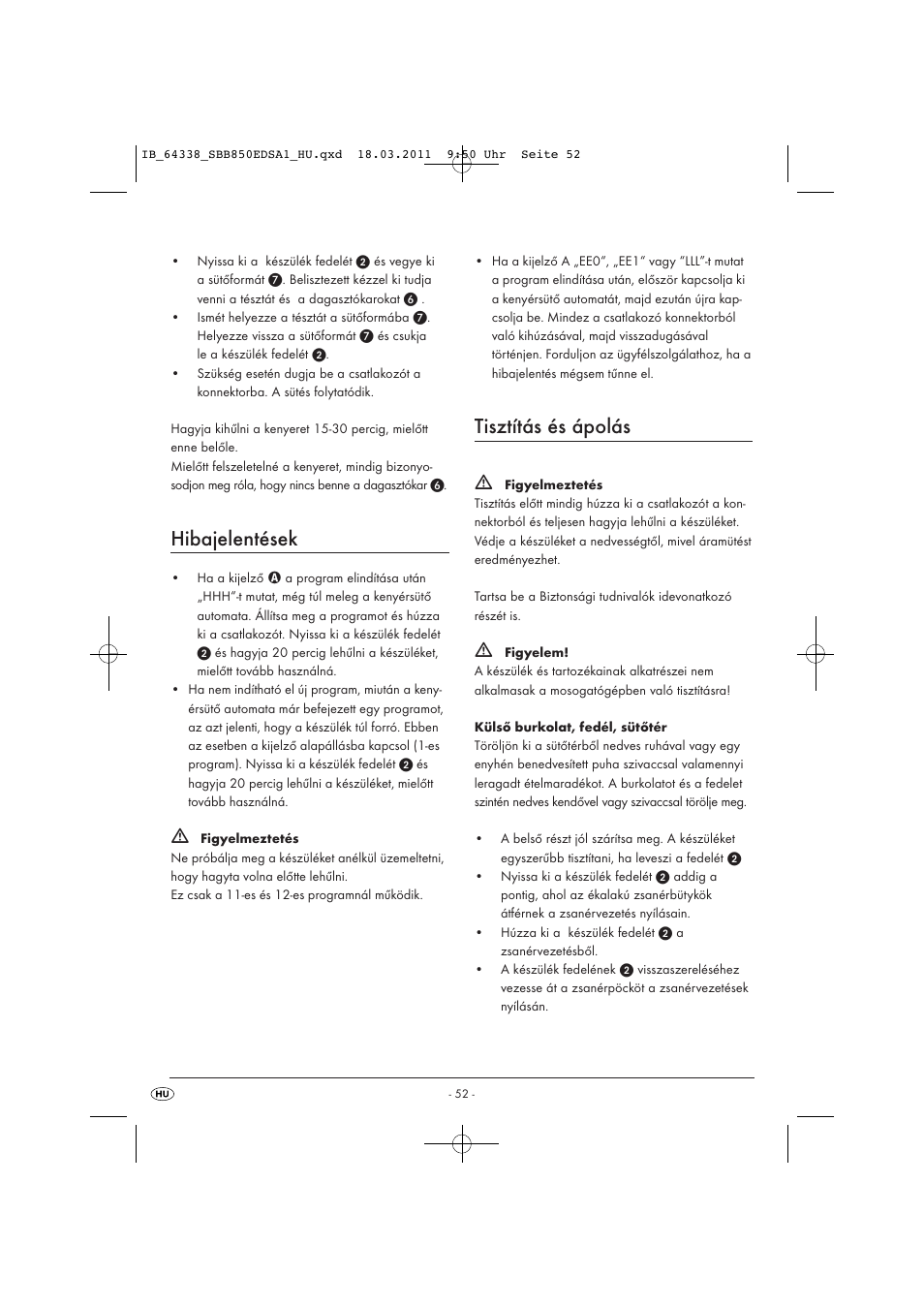 Hibajelentések, Tisztítás és ápolás | Silvercrest SBB 850 EDS A1 User Manual | Page 54 / 146