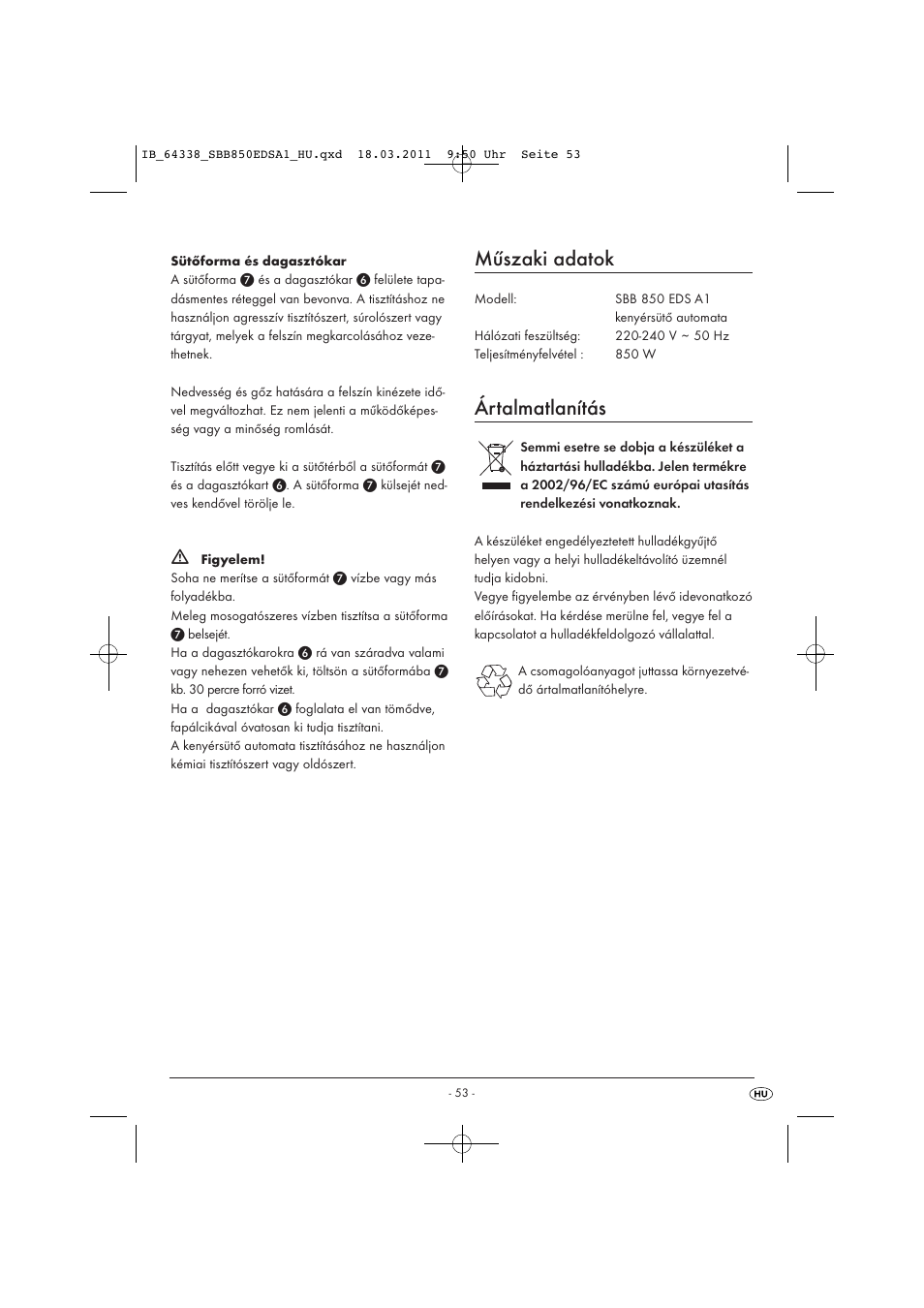 Műszaki adatok, Ártalmatlanítás | Silvercrest SBB 850 EDS A1 User Manual | Page 55 / 146