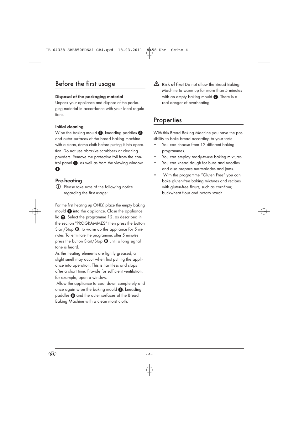 Before the first usage, Properties, Pre-heating | Silvercrest SBB 850 EDS A1 User Manual | Page 6 / 146