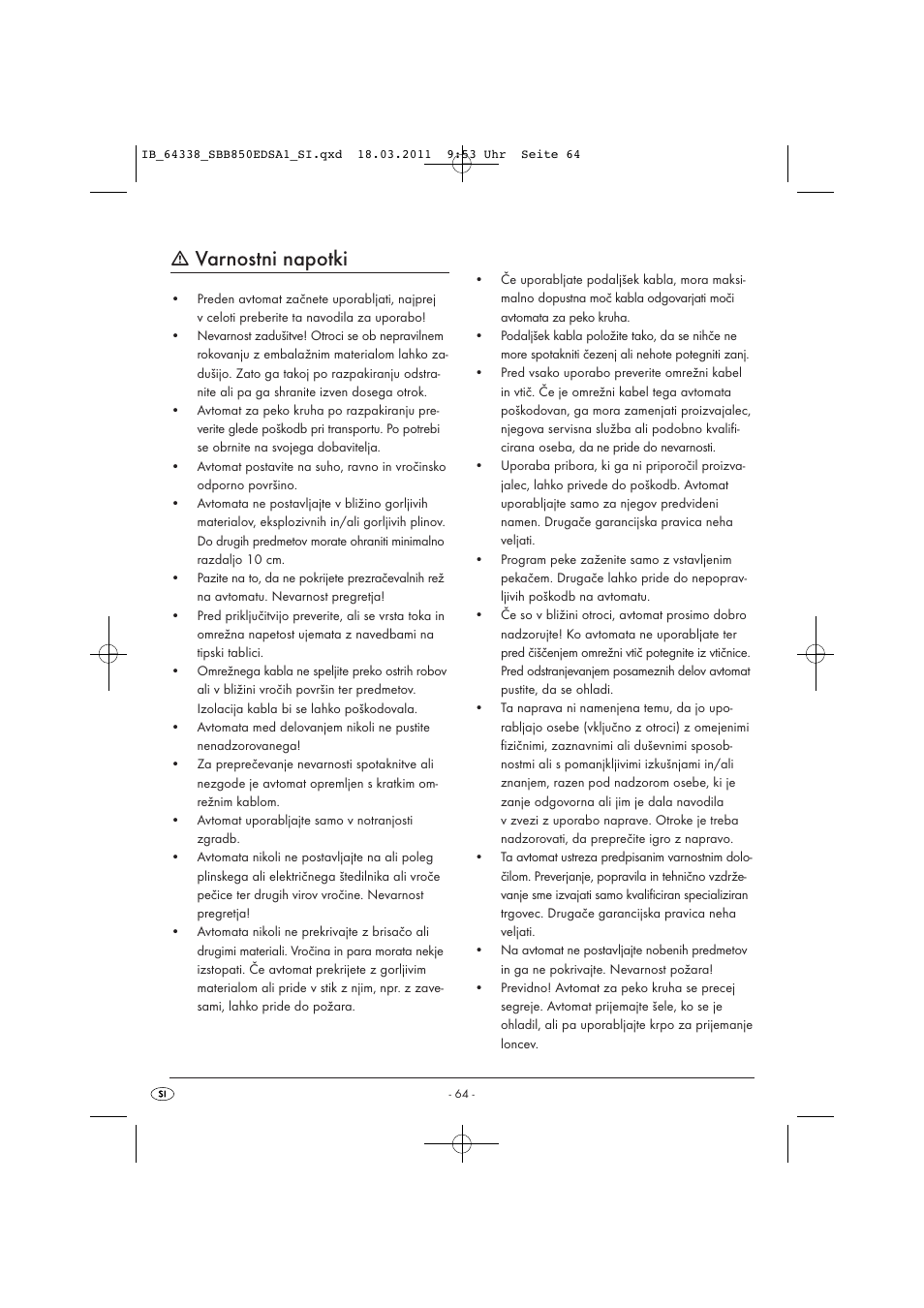 Varnostni napotki | Silvercrest SBB 850 EDS A1 User Manual | Page 66 / 146