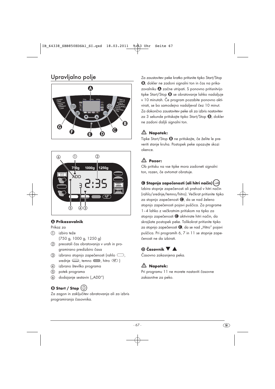 Upravljalno polje | Silvercrest SBB 850 EDS A1 User Manual | Page 69 / 146