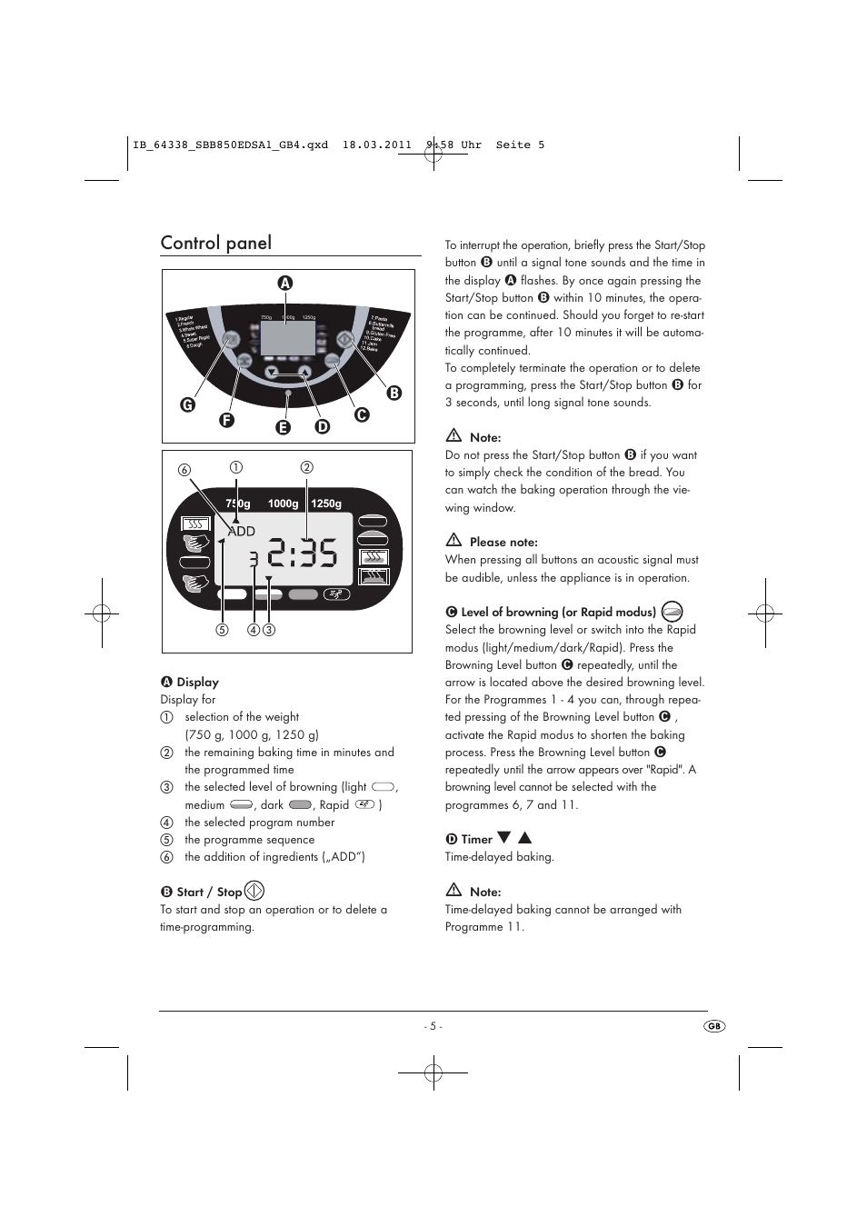 Control panel | Silvercrest SBB 850 EDS A1 User Manual | Page 7 / 146