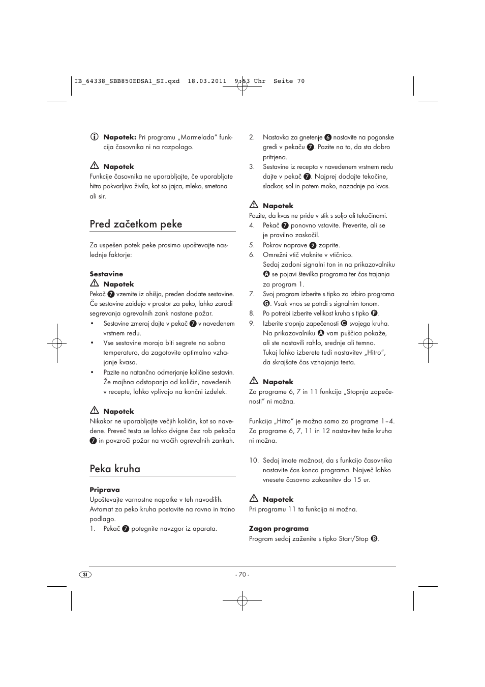 Pred začetkom peke, Peka kruha | Silvercrest SBB 850 EDS A1 User Manual | Page 72 / 146
