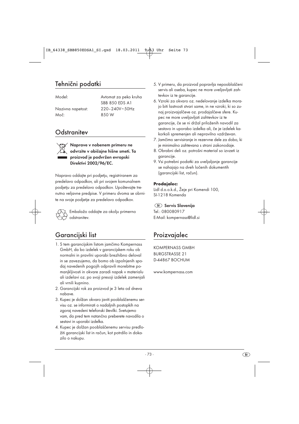 Tehnični podatki, Odstranitev, Garancijski list | Proizvajalec | Silvercrest SBB 850 EDS A1 User Manual | Page 75 / 146