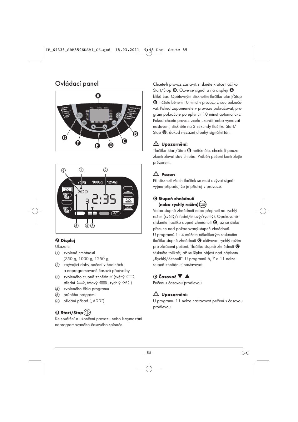 Ovládací panel | Silvercrest SBB 850 EDS A1 User Manual | Page 87 / 146