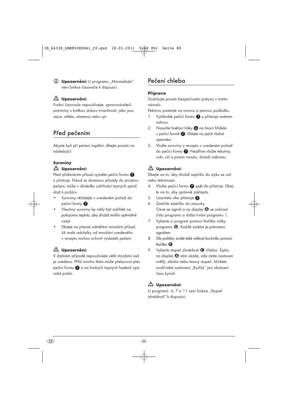 Před pečením, Pečení chleba | Silvercrest SBB 850 EDS A1 User Manual | Page 90 / 146