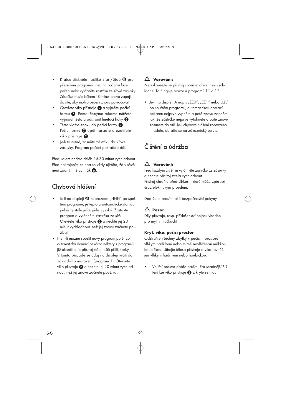 Chybová hlášení, Čištění a údržba | Silvercrest SBB 850 EDS A1 User Manual | Page 92 / 146