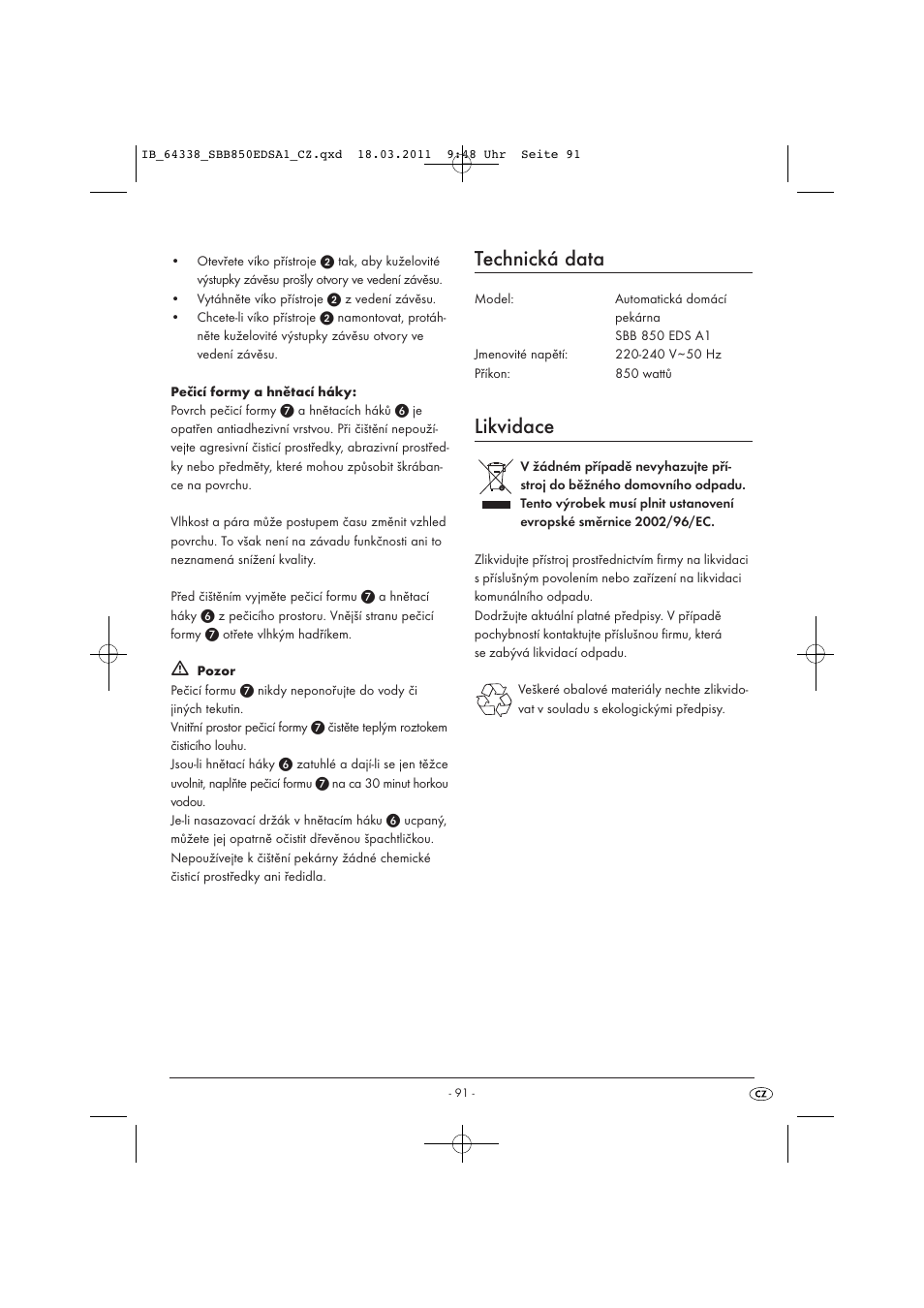 Technická data, Likvidace | Silvercrest SBB 850 EDS A1 User Manual | Page 93 / 146