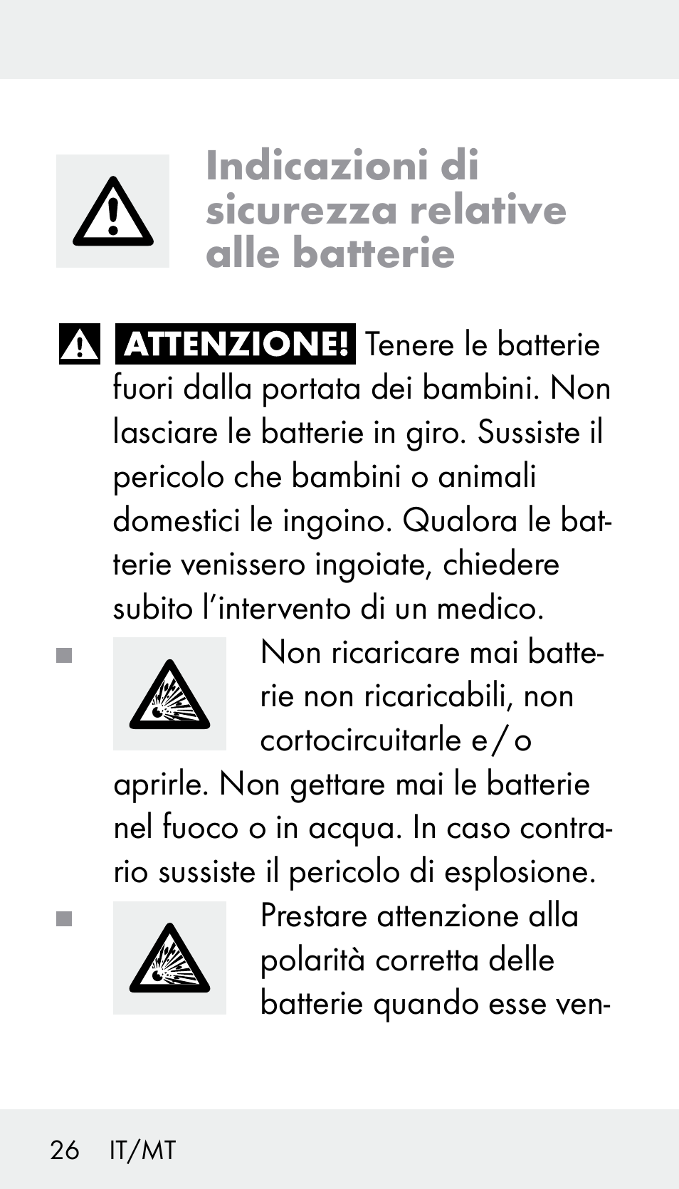 Indicazioni di sicurezza relative alle batterie | Silvercrest Z31894 User Manual | Page 26 / 90