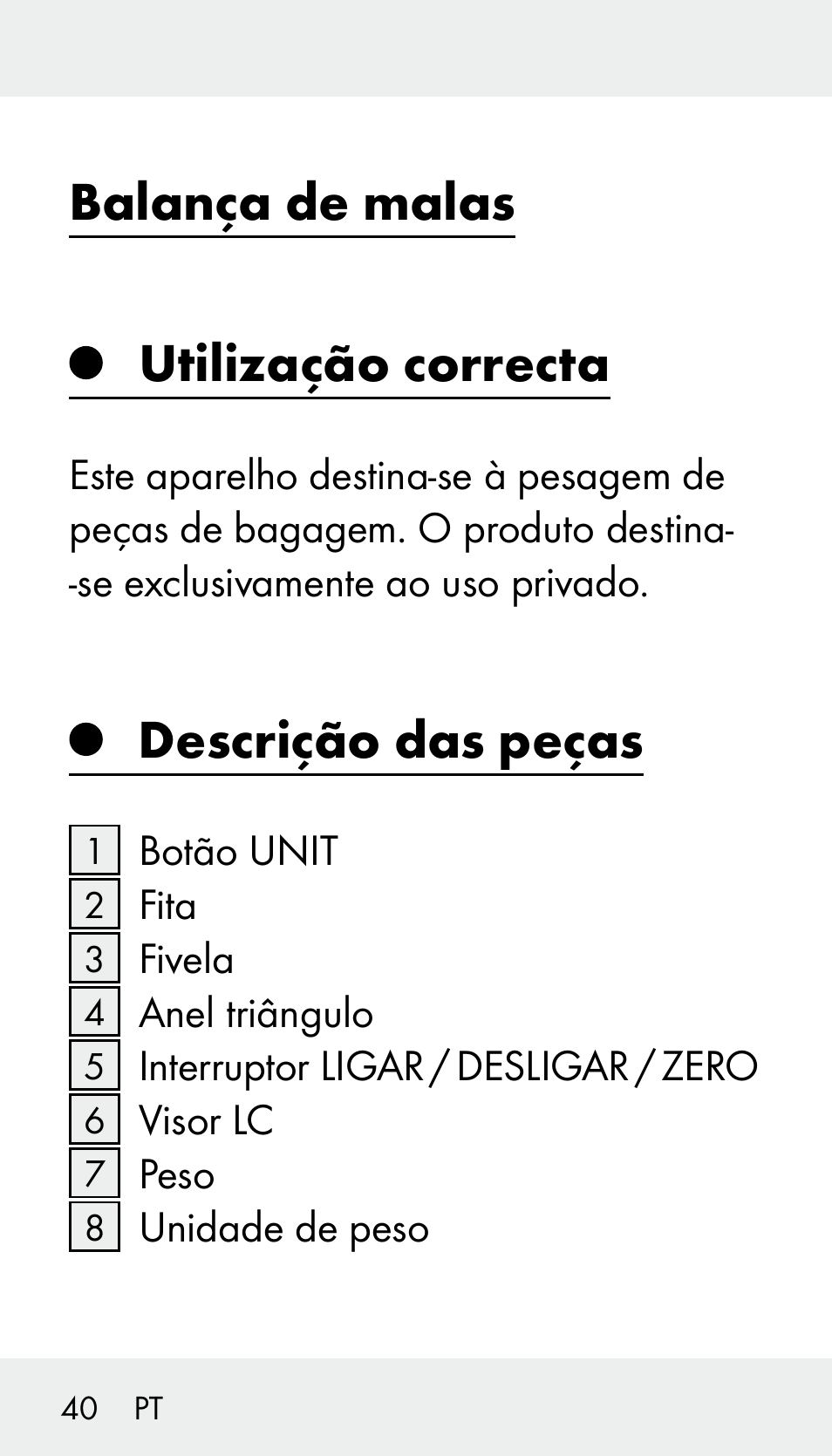 Balança de malas utilização correcta, Descrição das peças | Silvercrest Z31894 User Manual | Page 40 / 90