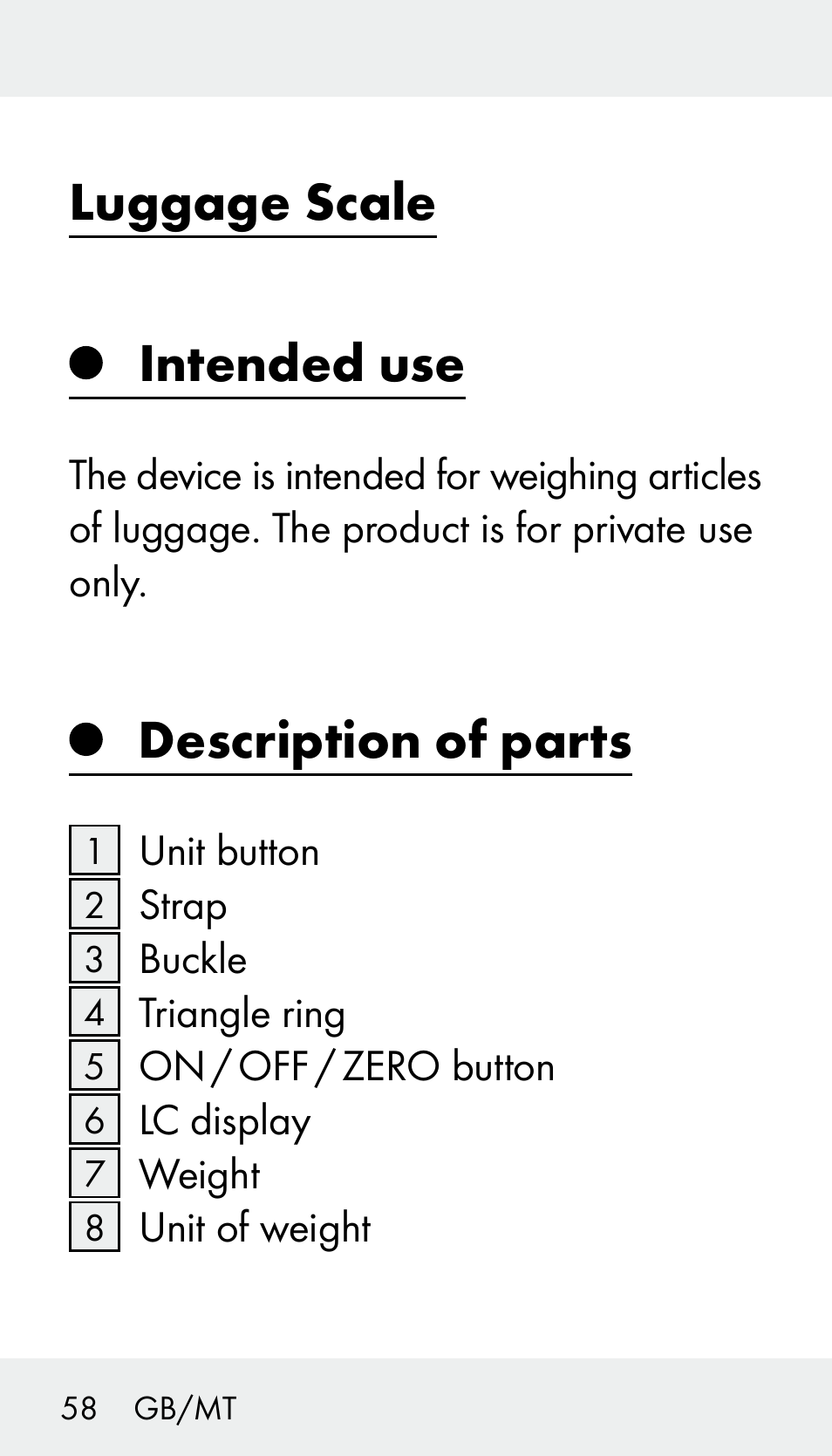 Luggage scale intended use, Description of parts | Silvercrest Z31894 User Manual | Page 58 / 90