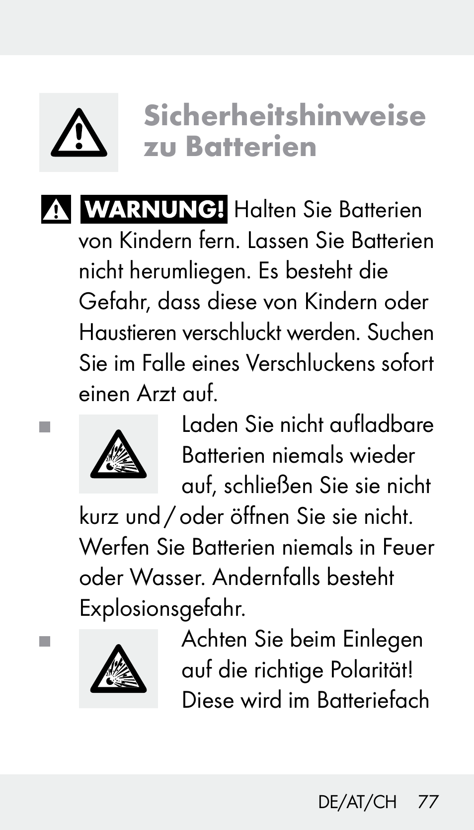 Sicherheitshinweise zu batterien | Silvercrest Z31894 User Manual | Page 77 / 90