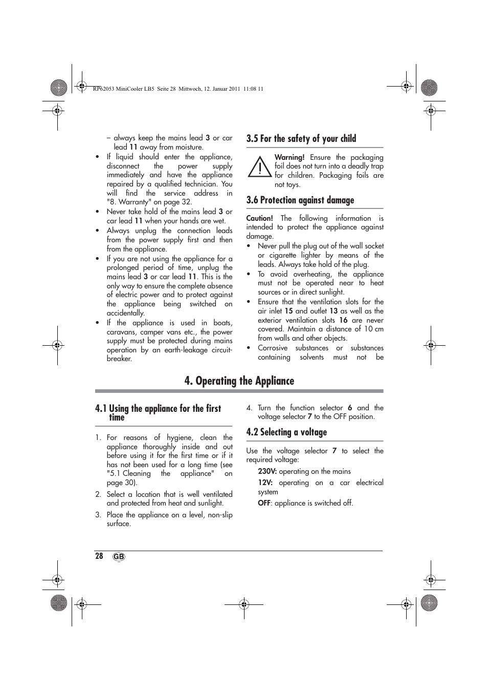 Operating the appliance, 5 for the safety of your child, 6 protection against damage | 1 using the appliance for the ﬁrst time, 2 selecting a voltage | Silvercrest SMK 15 A1 User Manual | Page 30 / 42