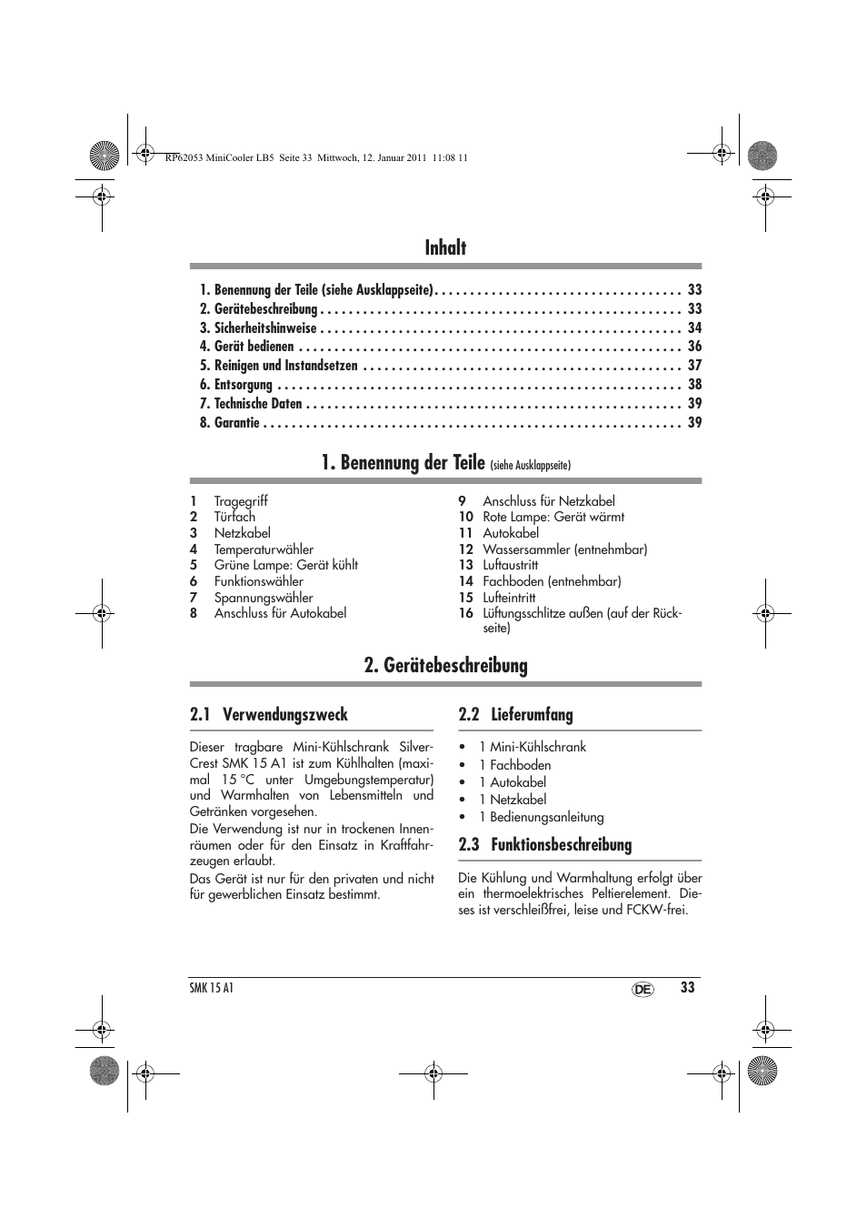 Inhalt, Benennung der teile, Gerätebeschreibung | 1 verwendungszweck, 2 lieferumfang, 3 funktionsbeschreibung | Silvercrest SMK 15 A1 User Manual | Page 35 / 42